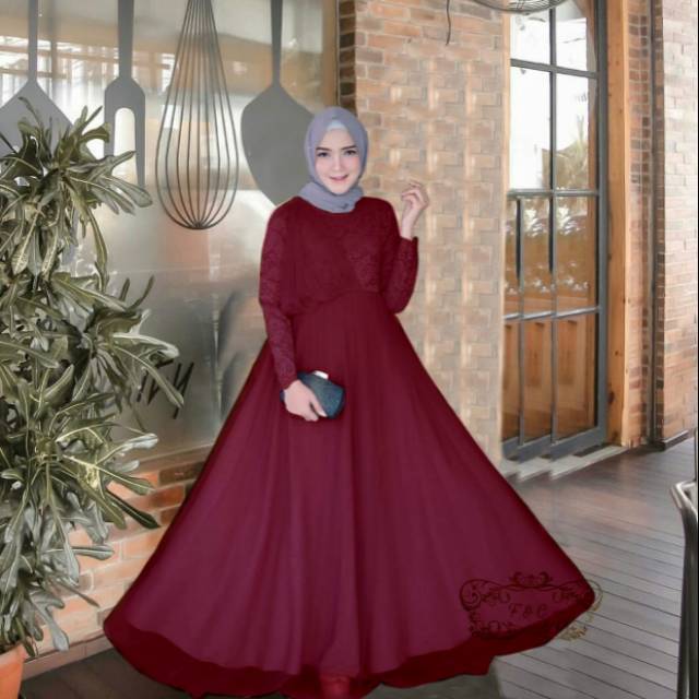 Maxi Atifa gamis wanita Terbaru bahan brokat kombi tile  all size warna maroon coksu Dusty abu