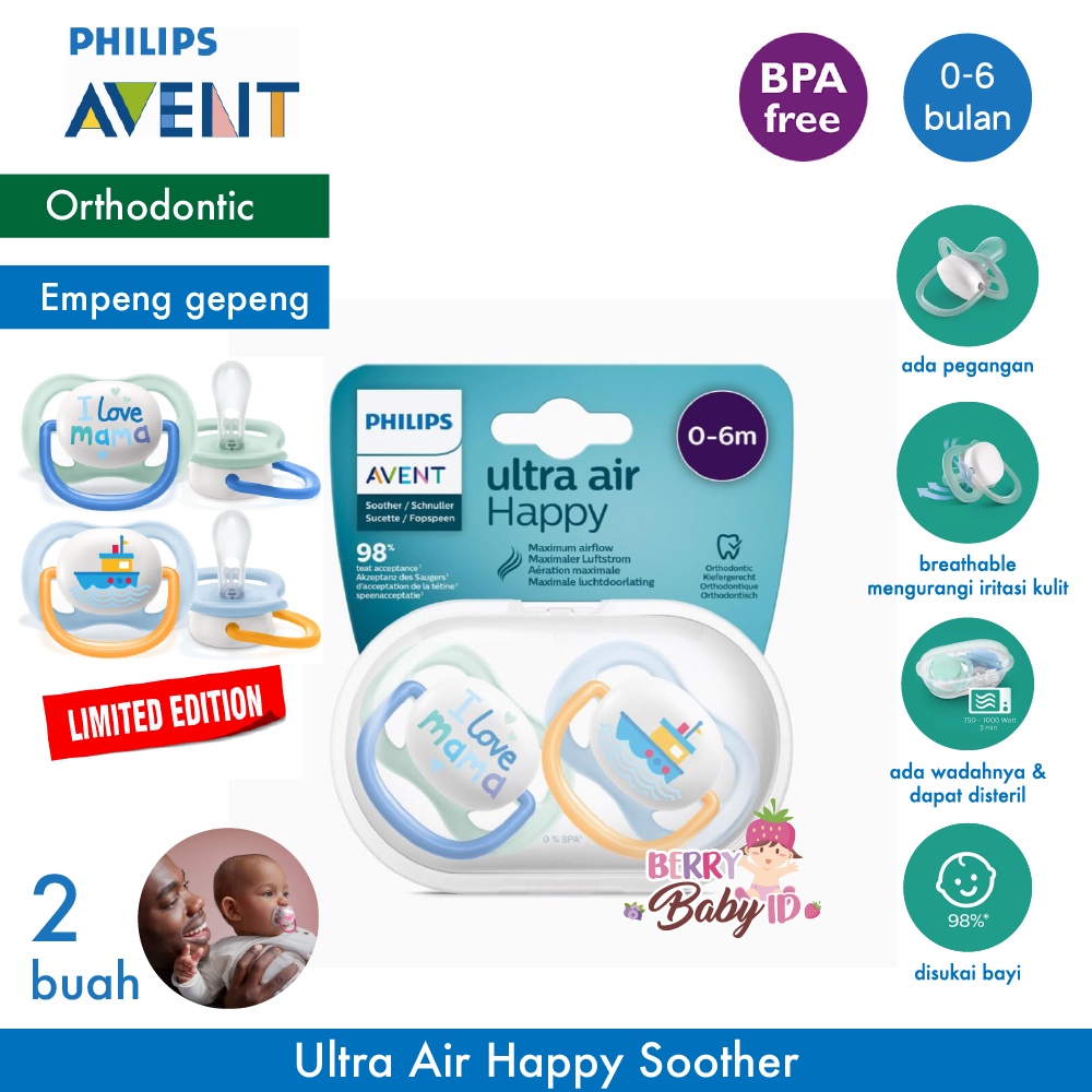 Philips Avent 2 Pcs Ultra Air Happy Pacifier Empeng Soother Bayi Berry Mart