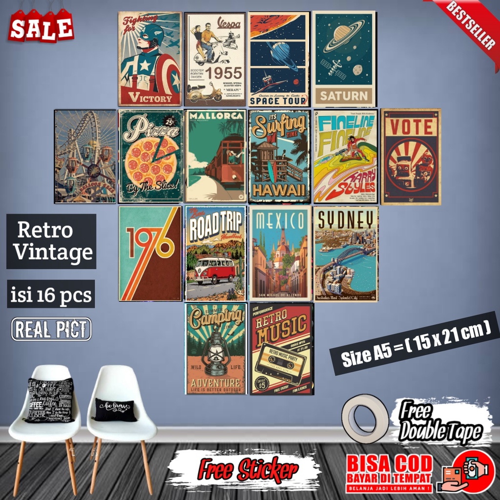 Poster Dinding Aesthetic Retro New 1 Paket Isi 16 pcs Gambar HD | Poster Aesthetic | Poster Vintage 