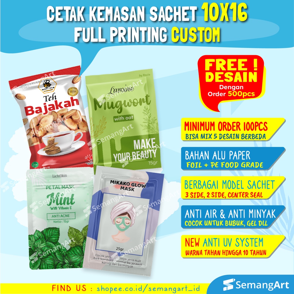 

Cetak Kemasan Sachet Bag 10x16 Plastik Klip Ziplock Flat Bottom Full Printing Bungkus Makanan / Masker / Bumbu / Minuman / Collagen / Teh / Kopi Cetak Desain Custom