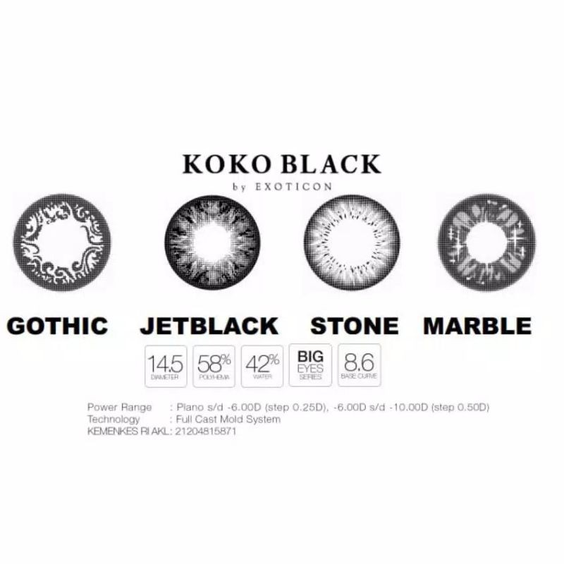 Softlens Koko Black / NORMAL &amp; MINUS (-0.50 s/d -3.00) By EXOTICON MARBLE STONE JETBLACK GHOTIC / 14.5mm