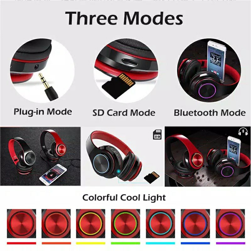 【COD】Lampu LED Warna-warni B39 Headset Bluetooth HiFi Stereo Headphone Bluetooth dengan Mikrofon Mendukung Panggilan HD Kartu SD Earphone