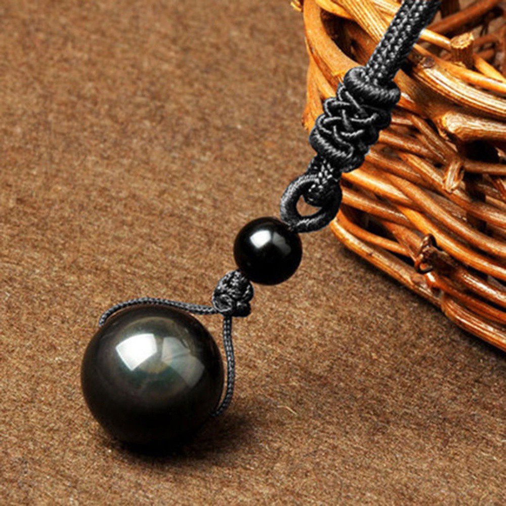 Kalung Wanita Dan Pria Kristal Alami Hitam Obsidian Rainbow Eye Beads