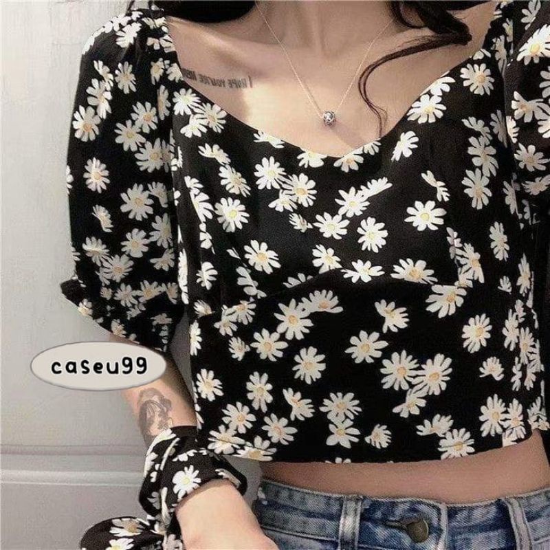 blouse flower floral Korean lengan pendek puff CROP NICOLE TOP DAISY bunga