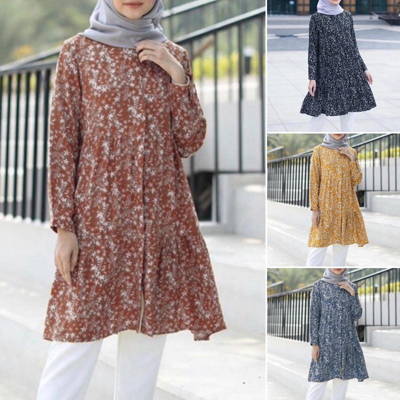 ZANZEA Women Casual Long Sleeve Ruffles Hem Retro Printed Muslim Blouse