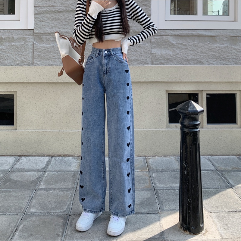 korea style Boyfriend Jeans highwaist loose celana kaki lebar lurus heart embroidery jeans wanita celana jeans