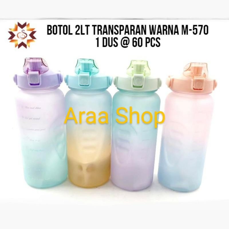 Botol Minum Transparan Warna 2 Liter/Botol Air Minum Sport Tutup Flip+Sedotan+Tali+Stiker