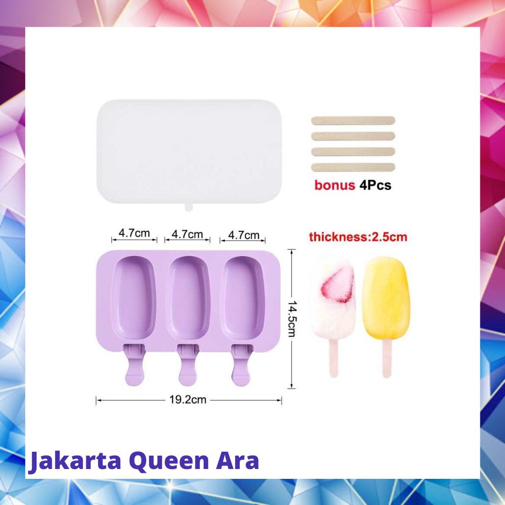 SJ Cetakan Es Krim 3 Hole Silicone with 50 Popsicle Sticks - JSC800