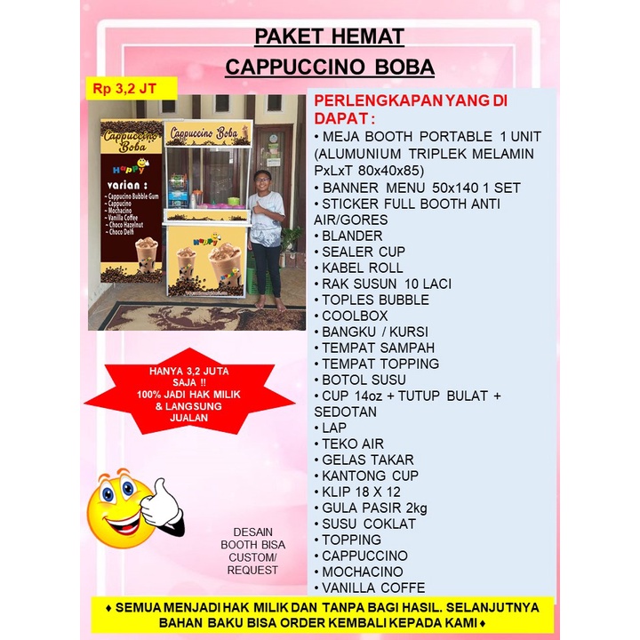 PAKET HEMAT MURAH EKONOMIS USAHA FRANCHISE MINUMAN CAPPUCCINO BOBA VIRAL KEKINIAN GEROBAK BOOTH