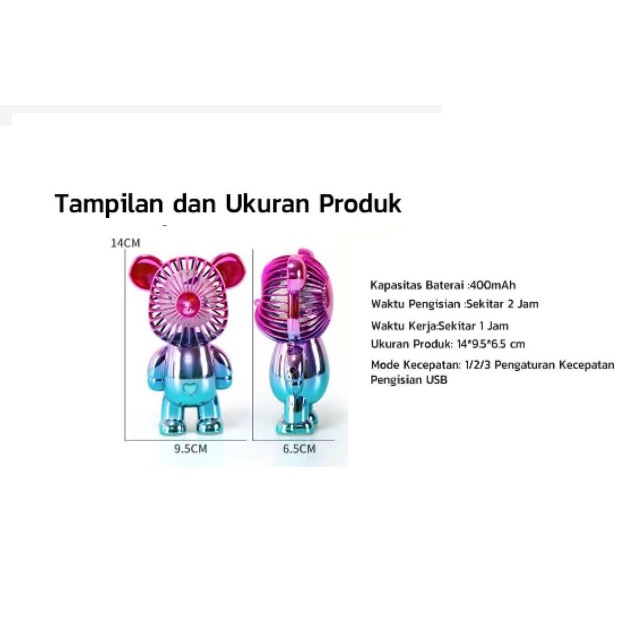 Kipas Angin Mini Portable Karakter Bearbrick VIRAL Meja USB Cas 3 Pengaturan Kecepatan Bentuk Beruang Alas Anti Selip Bagian Bawah Beruang gradiasi Unik lucu