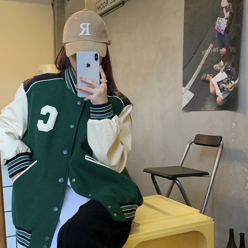 [ready stock] lisa baseball jacket | atasan jaket gaya korea warna pink green hijau list bahan lengan kulit leather