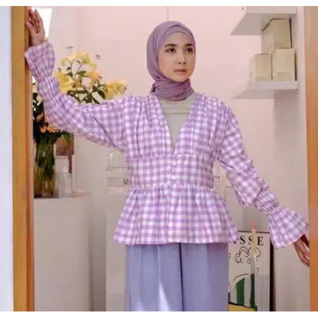 blouse plaid kyra lilac hijab wanita perempuan gingham motif kotak kecil