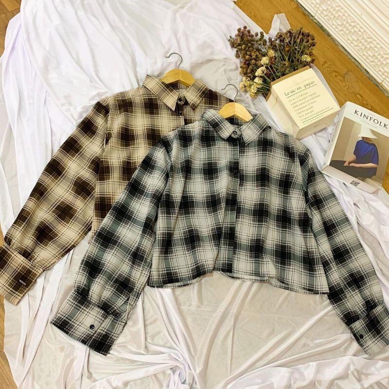 KEMEJA CROP LENGAN PANJANG TARTAN / KEMEJA KOTAK OVERSIZE CROPTY / CROP TARTAN SHIRT / KEMEJA LENGAN BALON