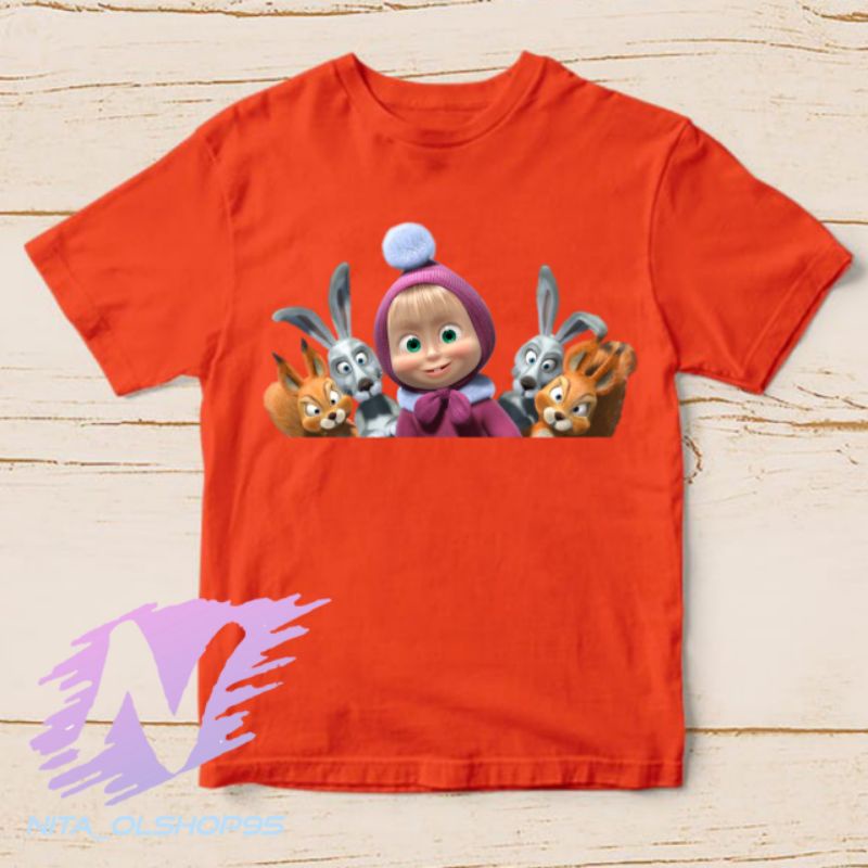 baju kaos anak Masha and the bear Marsha and friend