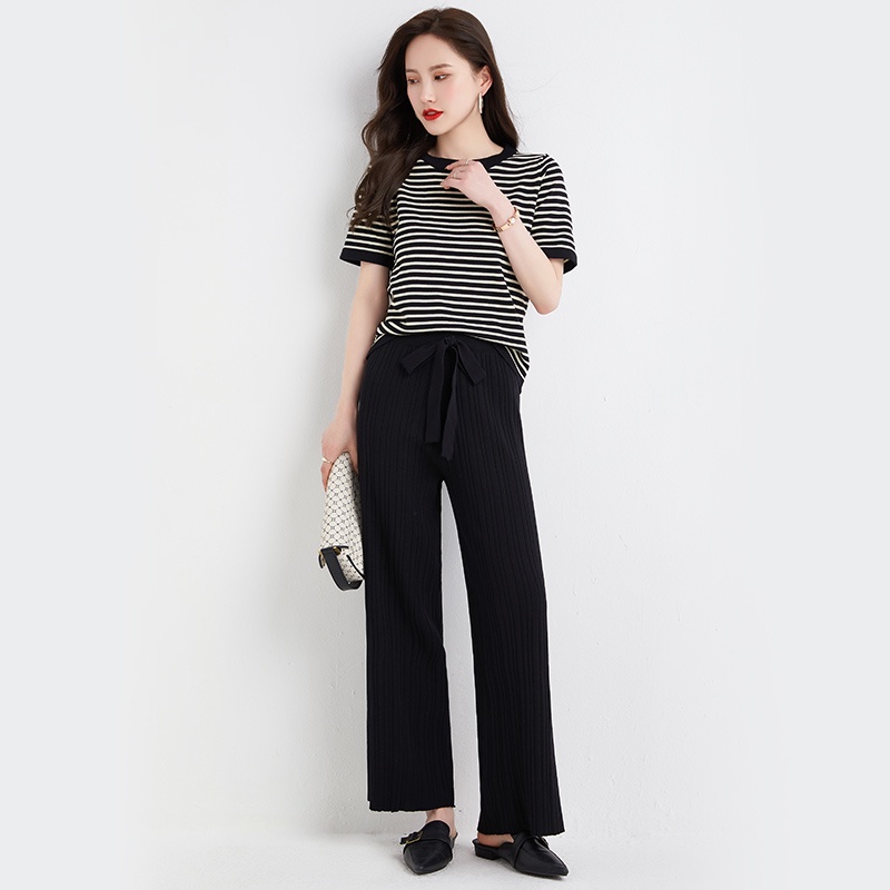 【Elegant】Korean Summer  Highwaist Long Pants &amp; Short Sleeve T-Shirt One Set   7479