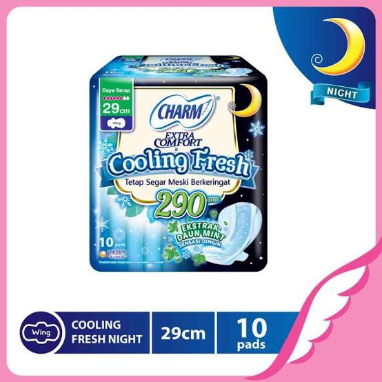 Charm Cooling Fresh Night Wing Pembalut Wanita [29 cm/10 Pad] | Pembalut malam panjang dingin