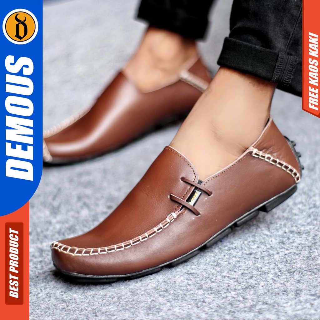 DEMOUS MOCCAS Sepatu Slip on Pria Santai Casual Formal Kulit Asli Kerja Kantor Kuliah Hitam-Coklat