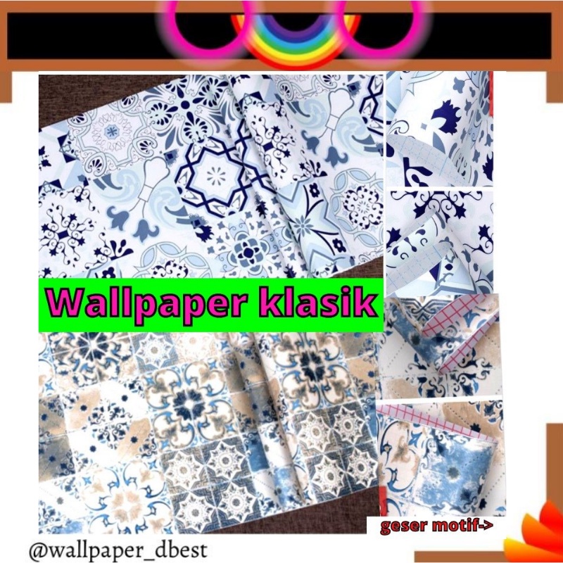[VIP] Wallpaper Wall Paper Motif Keramik Klasik Biru Coklat Stiker Sticker Setiker Wallsticker Cafe 