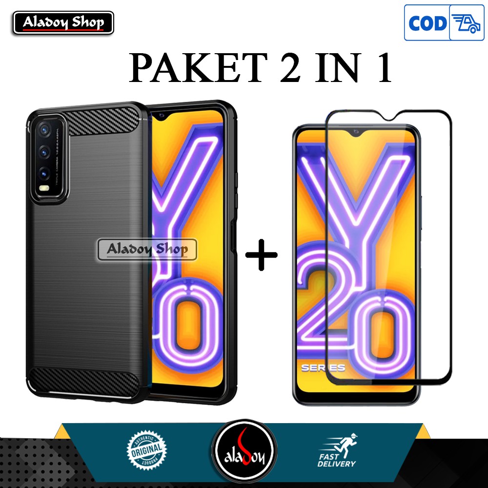 Case VIVO Y20 New Soft Case Carbon Ultra Slim Premium Casing + Tempered Glass Full Layar