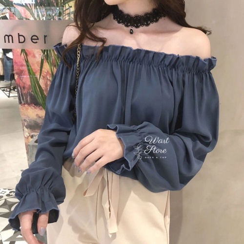 ADANA Baju Sabrina Atasan Wanita Korean Crop Top Blouse Kerut/Serut Lengan Panjang Jumbo Sabrina