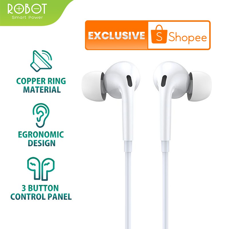 Robot Wired Earphone RE502 White Stereo Bass Earphone Original - Garansi 1 Tahun