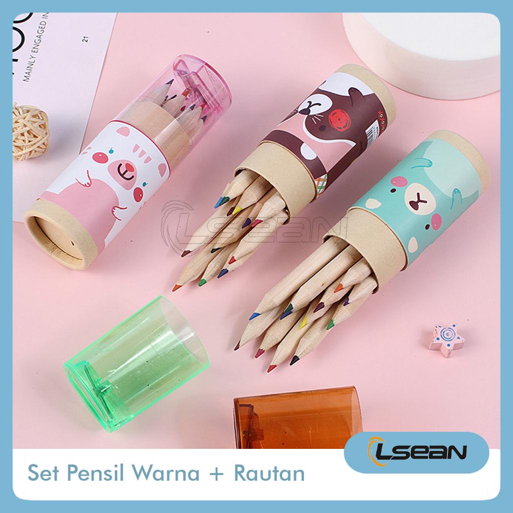 Set Pensil Warna Tabung Lucu Isi 12 Free Rautan Alat Mewarna