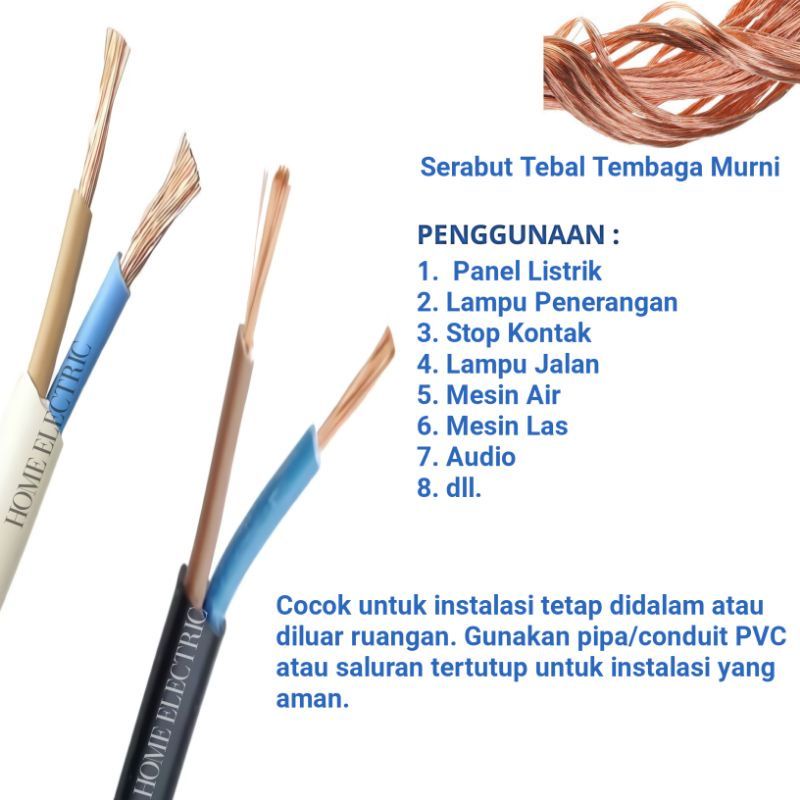 KABEL LISTRIK SERABUT TEMBAGA HYO 2X1,5 HITAM PERMETER