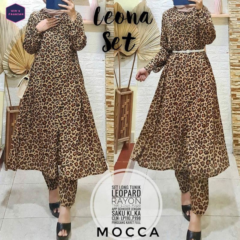 LEONA SET LONG TUNIK MOTIF LEOPARD FAB RAYON LD 115 PANT PINGGANG FULL KARET