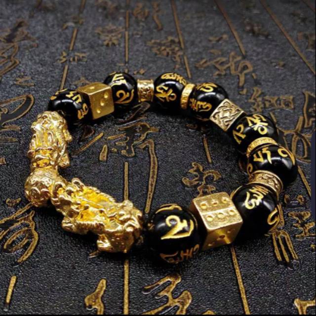 Gelang Batu Mantra  Asli 14mm,Pixiu  Lapis Emas. GELANG PRIA