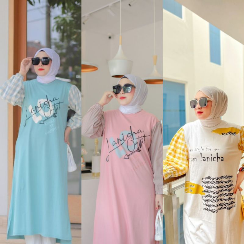 BONZAI _ ID lanicha tunik kombinasi / Tunik kaos / tunik katun / tunik wanita putih