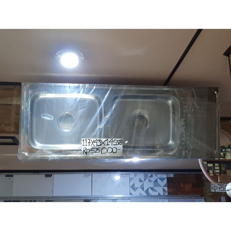 wastafel sink bak tempat cuci piring dapur stainless tebal 2 lubang meja 117 x 43 merk ROYAL SB28