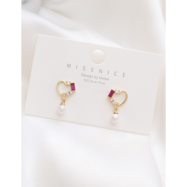 LRC Anting Tusuk Fashion Golden Irregular Love Alloy Pearl Earrings With Zircon K48944