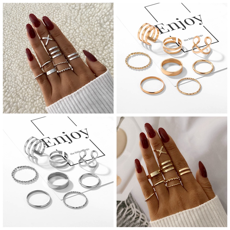 Fancyqube 8pcs / Set Cincin Geometris Bahan Alloy Warna Gold Ailver Untuk Wanita