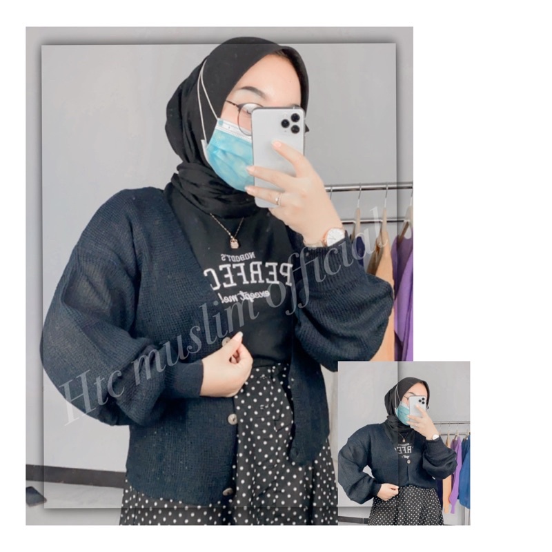 Cardigan Rajut BALONE Kancing Batok Wanita Knit Wear Muslimah-Hitam