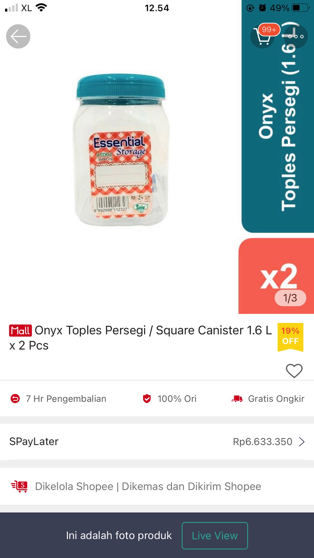 Onyx Toples Persegi / Square Canister 1.6 L X 2 Pcs