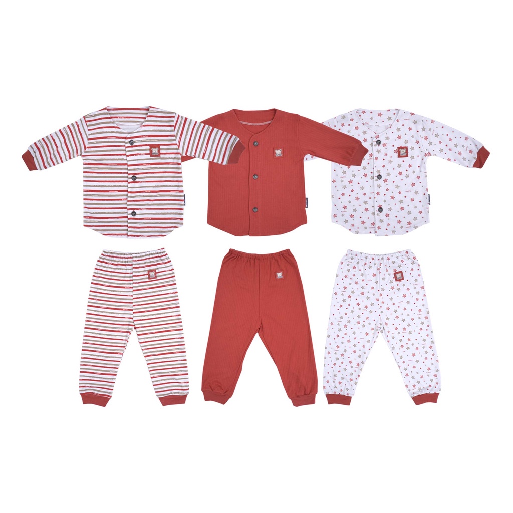 MOTIF BARU SETELAN PIYAMA ANAK FLUFFY STAR MERAH BAJU PENDEK BAJU PANJANG CELANA PENDEK CELANA PANJANG SETELAN KUTUNG 3PCS