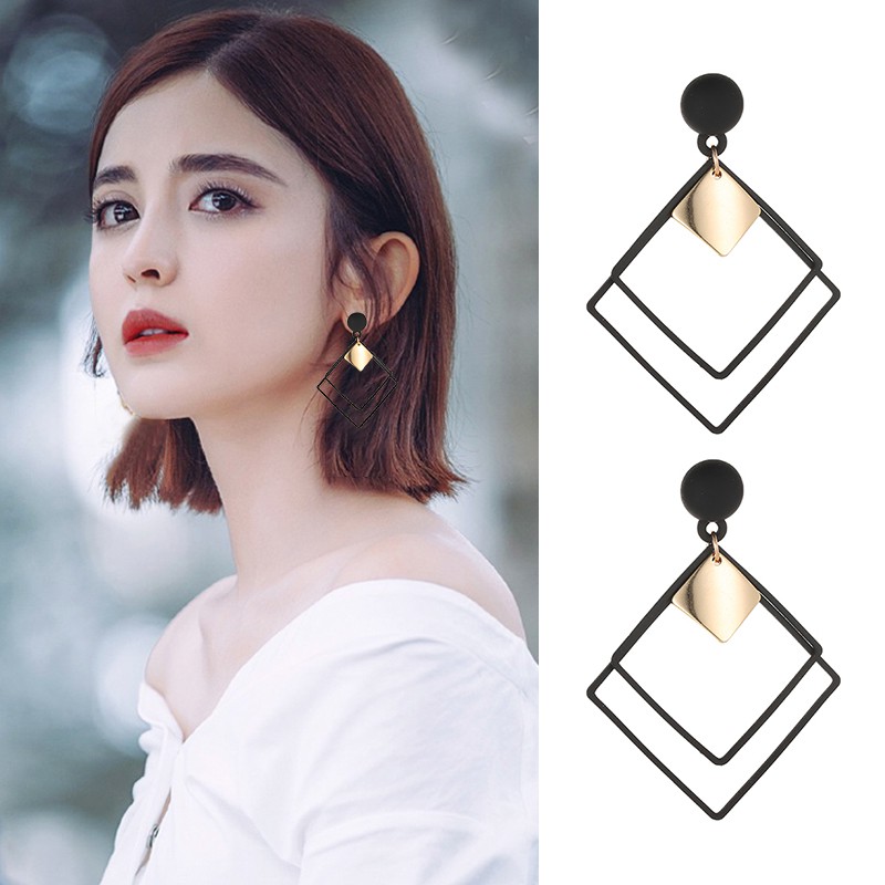 [Bayar Di Tempat] Anting Tusuk Motif Geometri Hias Berlian Imitasi Ala untuk Wanita