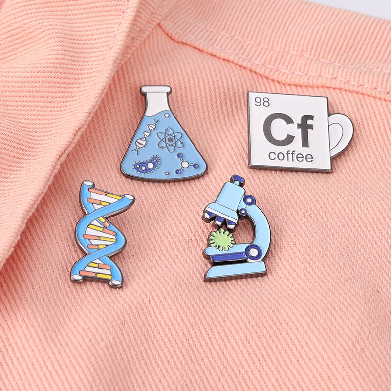 Beaker Microscope Gene Chain Enamel Pins Scientific Brooch Lapel Badge Bag Cartoon Jewelry Gift for Friends