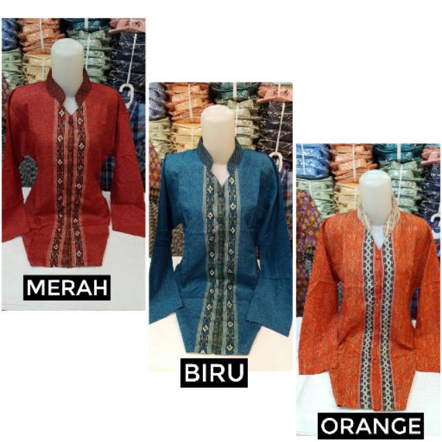 Tunik Batik Licin Wanita Merah Biru Orange Kerah Shanghai Lengan Panjang 7/8 Lapis Furing All Size