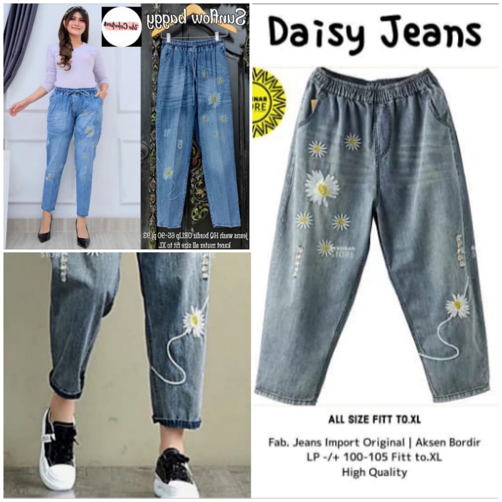 daisy jeans / celana panjang jeans wanita bordir motif bunga high quality