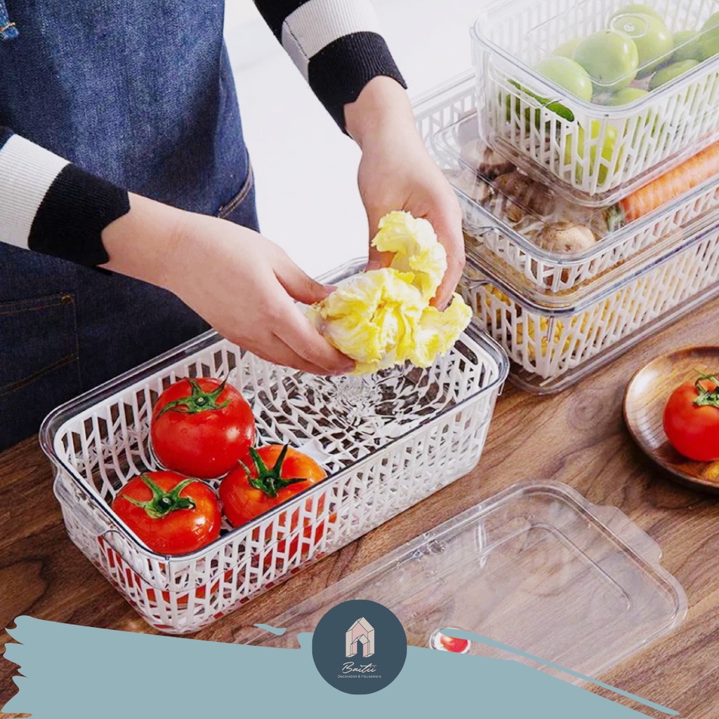 BAITII STORAGE - NYU KOTAK PENYIMPANAN BUAH SAYUR KULKAS DENGAN SARINGAN TRANSPARAN / FRIDGE STORAGE ACRYLIC FOR FOOD PREP MIZU MINIMALIS-1