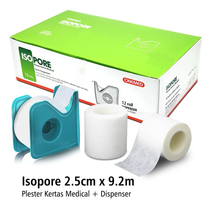 Isopore 2,5cm x 9,2m + Dispenser Onemed Plester Kertas Box Isi 12 Roll OJ2