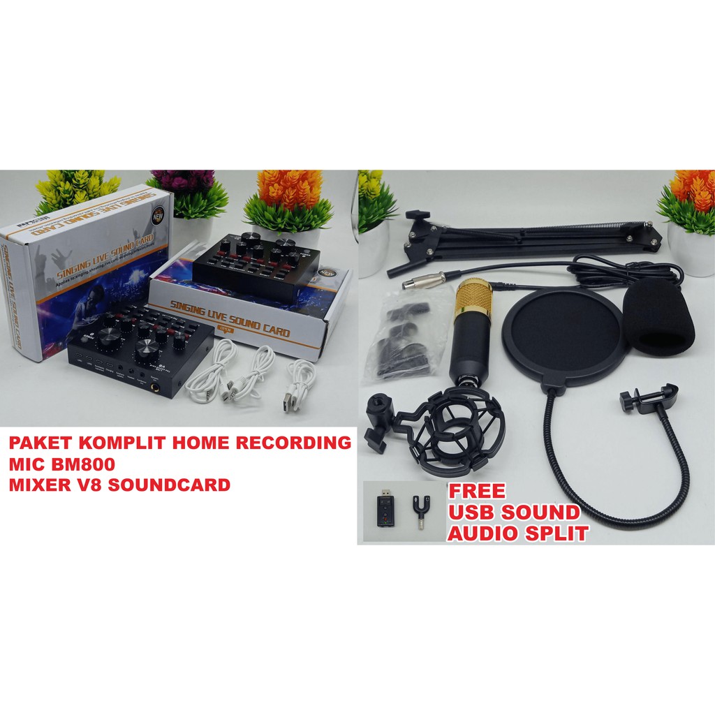 Paket Komplit Home Recording Mic BM800+Mixer V8 Soundcard V8