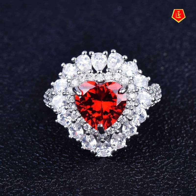 [Ready Stock]Heart-Shaped Natural Red Garnet Necklace Ring Earings Set