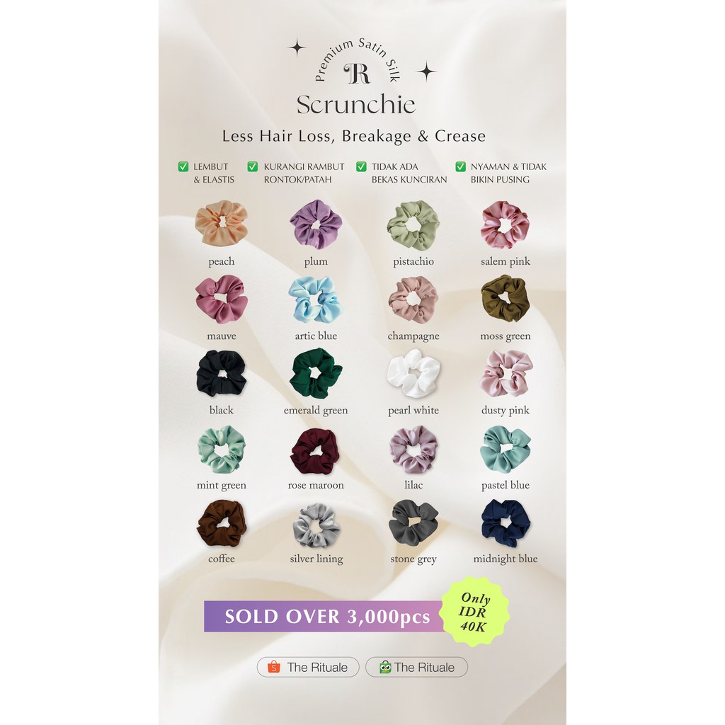 Scrunchies Premium Satin Silk MAXI The Rituale | Ikat Rambut Kuncir Hijab Cepol | Anti Rontok Pusing-1
