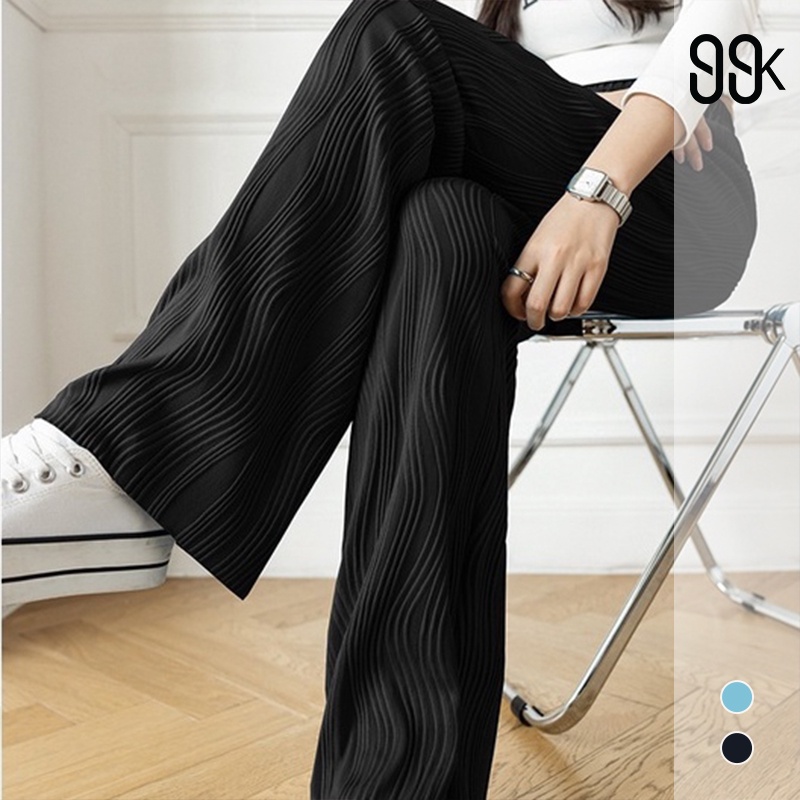 Women Wide Leg Water Ripple Silky Pants Celana Panjang Wanita 2708