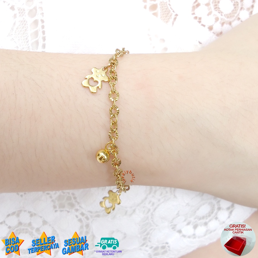 Lovelybutik Gelang Anak Titanium Anti Karat  Aksesoris Wanita Fashion Bear Kecil Bonus Kotak