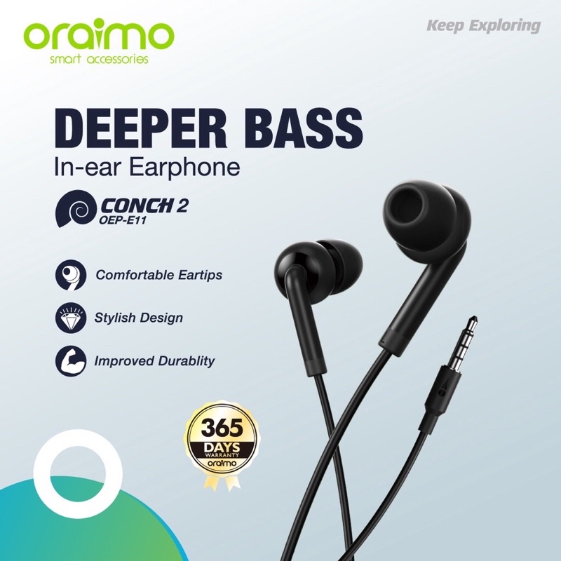 Oraimo OEP-E11 Conch 2 Deeper Bass In-Ear Headset / Earphone ( White &amp; Black ) Garansi Resmi 1 Tahun