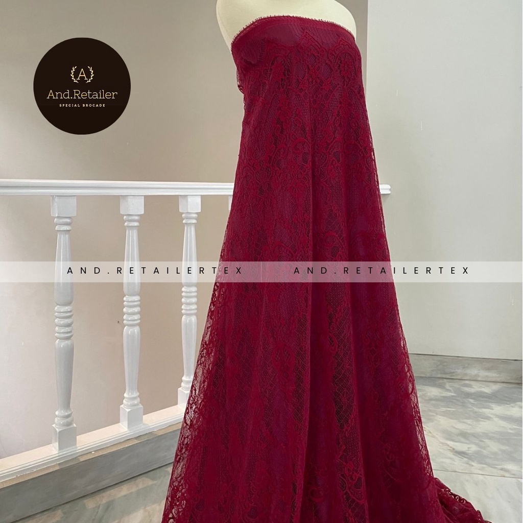 Bahan Kebaya Brokat Semi France Lace Chantily Shantily Katun Per panel 2,5m Warna Merah Maroon
