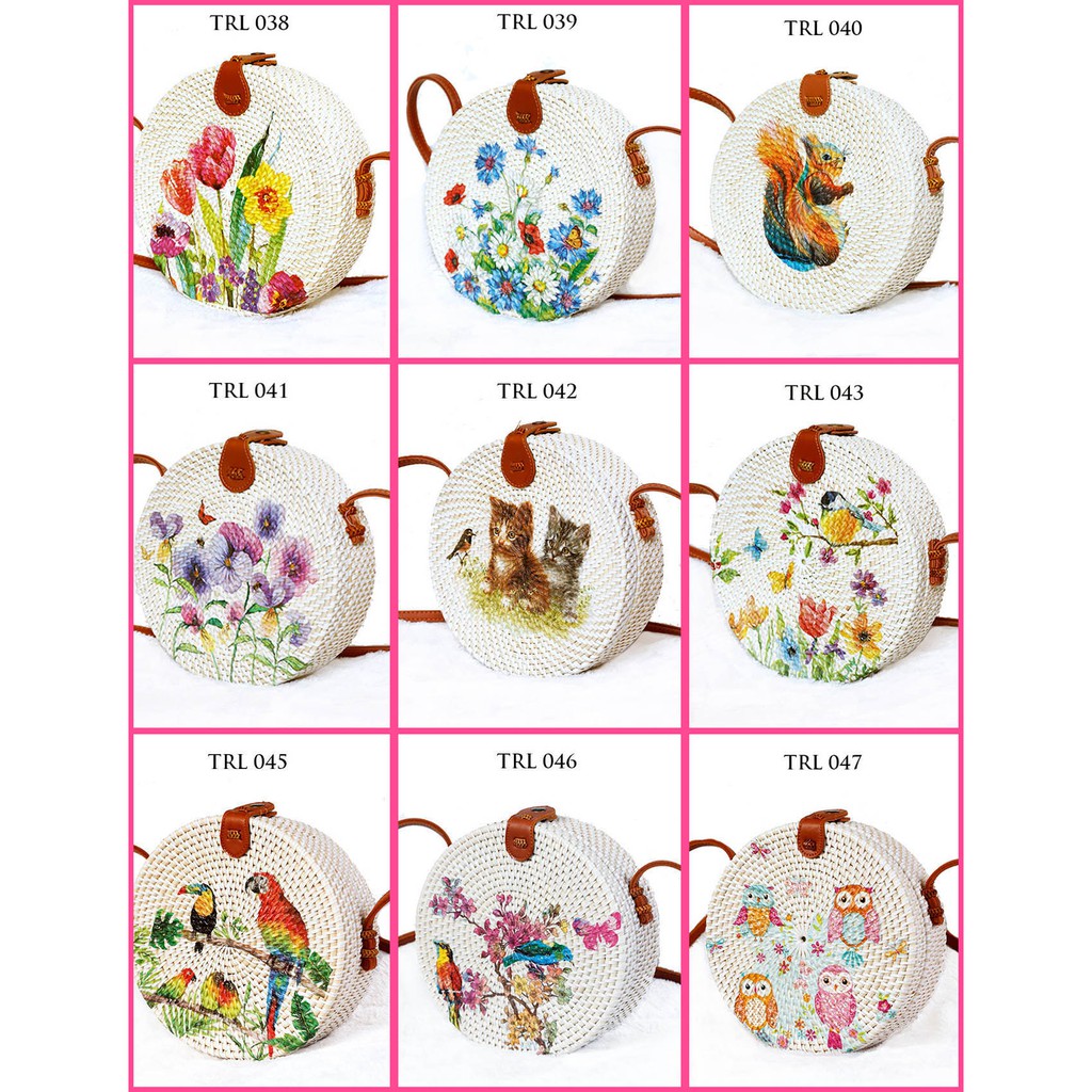 Sweet Honey - Grosir Tas Rotan Selempang Bulat Bali Bulat Lukis Diameter 15cm dan 20cm Banyak Pilihan Motif